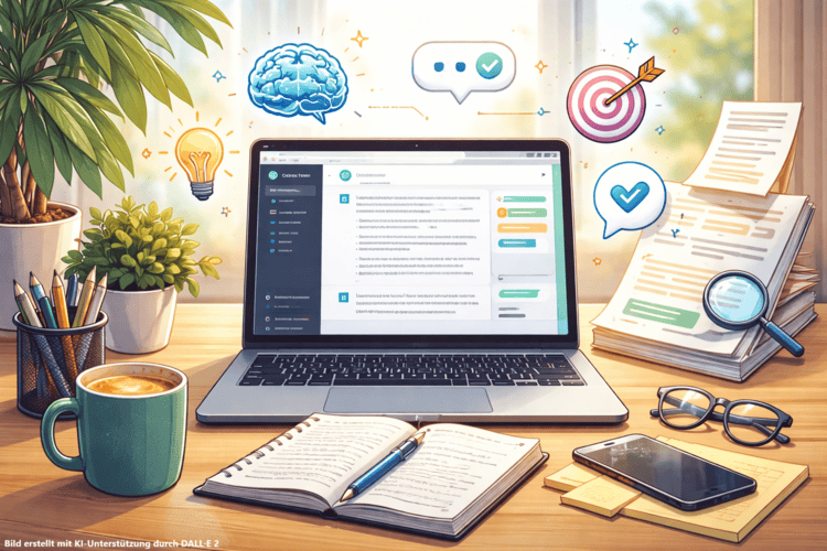 Das Bild zeigt einen Schreibtisch, auf dem sich ein Laptop, ein Notizbuch, Schreibutensilien, ausgedruckte Textseiten mit Lupe, Post-it-Haftzettel, eine Brille, ein Smartphone, ein Kaffeebecher und zwei Grünpflanzen befinden. Über dem Laptop schweben eine Glühbirne, ein Gehirn, zwei Sprechblasen und eine Zielscheibe als Symbole für den Prozess der Textarbeit.