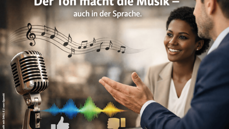 Das Bild interpretiert das Sprichwort „Der Ton macht die Musik – auch in der Sprache“. Es zeigt ein Mikrofon, das musikalische Noten in den Raum sendet, während eine Frau und ein Mann im Gespräch sind. Zwischen ihnen verläuft eine farbenfrohe Schallwelle, die den Austausch von Kommunikation und Emotionen symbolisiert. Darunter sieht man einen Like- und einen Dislike-Daumen. Das Bild betont die Bedeutung des Tonfalls in der Sprache und deren Einfluss auf Wahrnehmung und Interaktion.