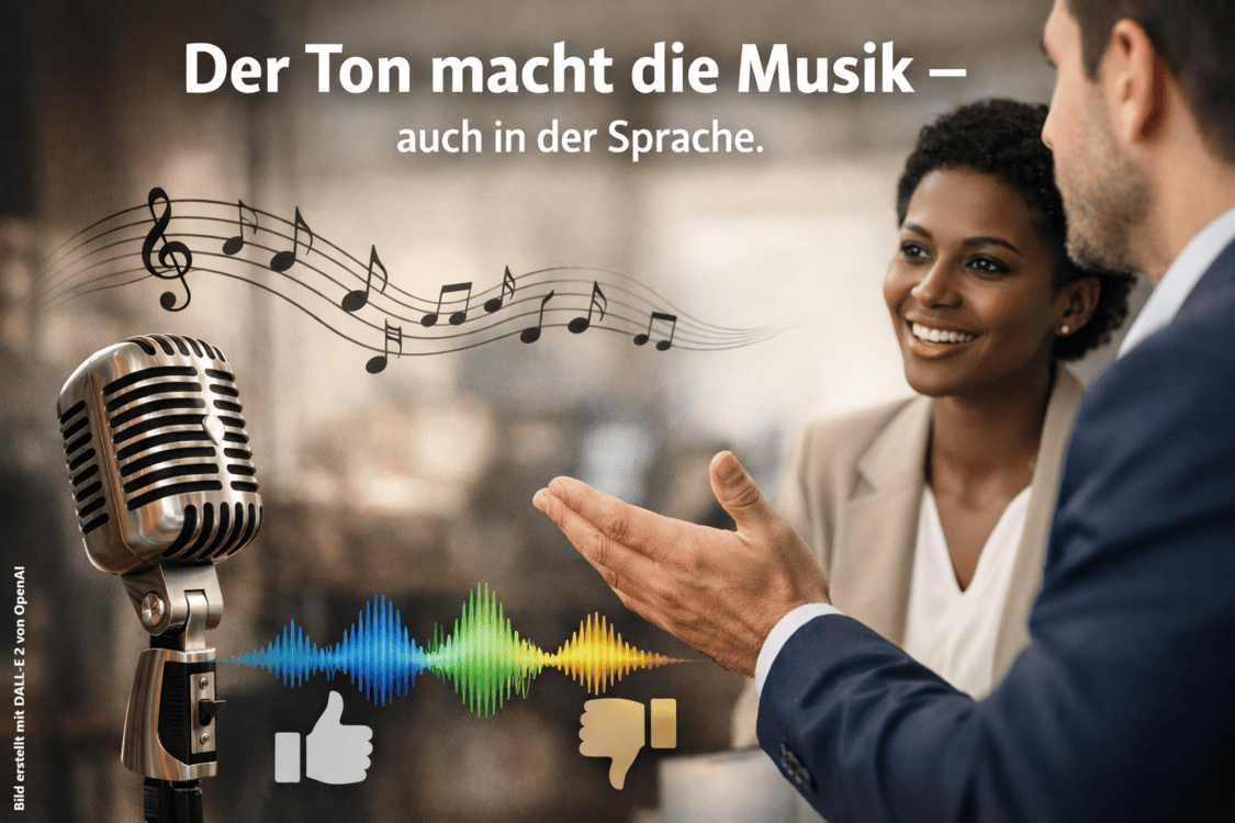 Das Bild interpretiert das Sprichwort „Der Ton macht die Musik – auch in der Sprache“. Es zeigt ein Mikrofon, das musikalische Noten in den Raum sendet, während eine Frau und ein Mann im Gespräch sind. Zwischen ihnen verläuft eine farbenfrohe Schallwelle, die den Austausch von Kommunikation und Emotionen symbolisiert. Darunter sieht man einen Like- und einen Dislike-Daumen. Das Bild betont die Bedeutung des Tonfalls in der Sprache und deren Einfluss auf Wahrnehmung und Interaktion.