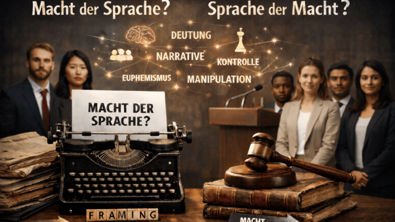 Das Bild stellt die Konzepte „Macht der Sprache?“ und „Sprache der Macht?“ als Fragen gegenüber. Auf der linken Seite ist eine alte Schreibmaschine abgebildet, die die Frage „Macht der Sprache?“ schreibt, daneben liegen Zeitungen und davor Scrabble-Steine mit dem Wort FRAMING. Pfeile betonen die Begriffe EMOTIONEN und MACHT. Rechts neben der Schreibmaschine sieht man einen Stapel alter Bücher, auf denen ein Richterhammer mit Sockel liegt. Im Hintergrund steht eine diverse Gruppe von sechs businessmäßig gekleideten Personen vor einem Rednerpult, während Symbole wie eine Schachfigur und ein Gehirn sowie die Wörter DEUTUNG, NARRATIVE, KONTROLLE, EUPHEMISMUS und MANIPULATION über dem Bild schweben, verbunden durch leuchtende Linien und Punkte. Die Symbole und Personen repräsentieren die Wechselwirkungen von Sprache und Macht in der Gesellschaft.