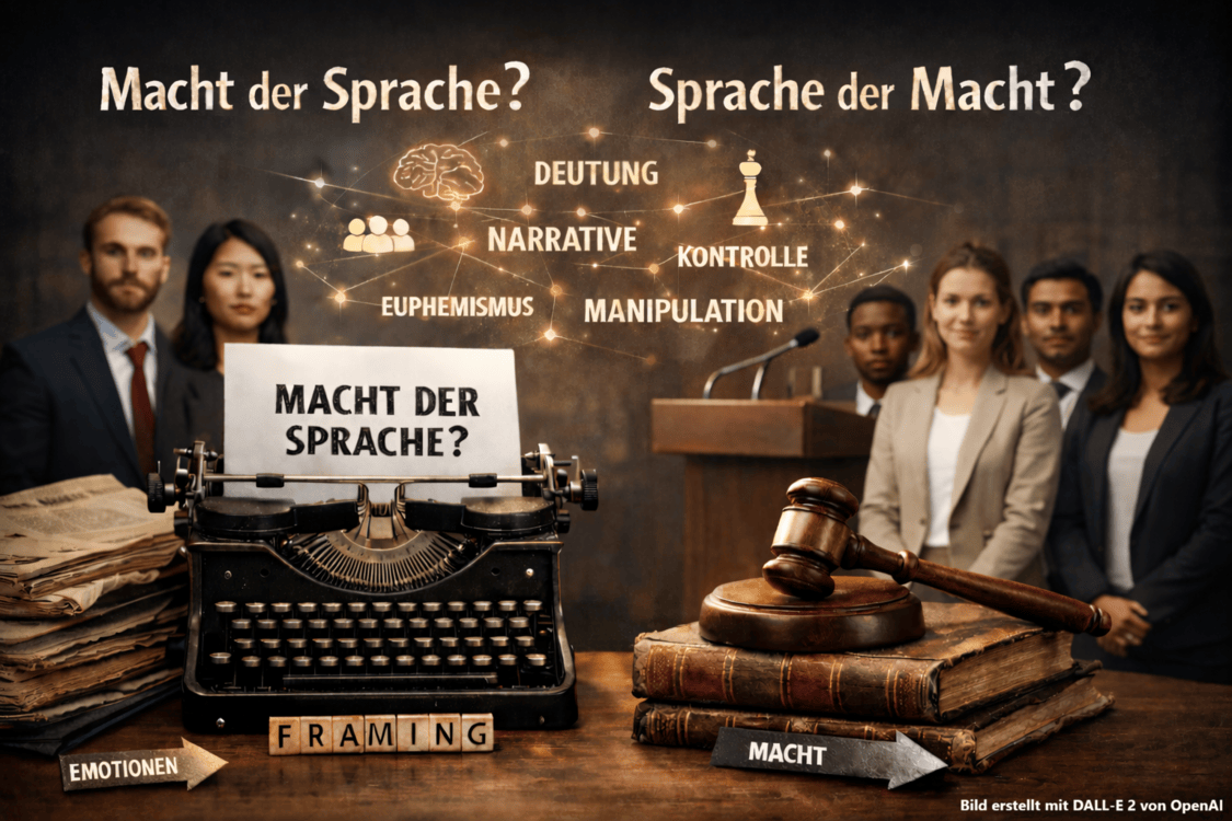 Das Bild stellt die Konzepte „Macht der Sprache?“ und „Sprache der Macht?“ als Fragen gegenüber. Auf der linken Seite ist eine alte Schreibmaschine abgebildet, die die Frage „Macht der Sprache?“ schreibt, daneben liegen Zeitungen und davor Scrabble-Steine mit dem Wort FRAMING. Pfeile betonen die Begriffe EMOTIONEN und MACHT. Rechts neben der Schreibmaschine sieht man einen Stapel alter Bücher, auf denen ein Richterhammer mit Sockel liegt. Im Hintergrund steht eine diverse Gruppe von sechs businessmäßig gekleideten Personen vor einem Rednerpult, während Symbole wie eine Schachfigur und ein Gehirn sowie die Wörter DEUTUNG, NARRATIVE, KONTROLLE, EUPHEMISMUS und MANIPULATION über dem Bild schweben, verbunden durch leuchtende Linien und Punkte. Die Symbole und Personen repräsentieren die Wechselwirkungen von Sprache und Macht in der Gesellschaft.