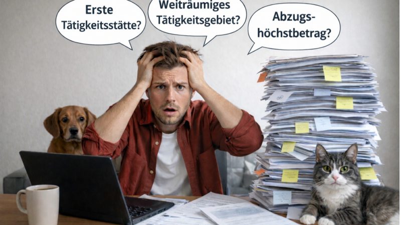 Realistisch wirkendes Bild eines verzweifelten Mannes, der gerade seine Steuererklärung erstellt und sich dabei die Haare rauft. Er sitzt am Schreibtisch mit Laptop, Kaffeetasse und einem hohen Stapel aus Unterlagen und Belegen; Hund und Katze flankieren die Szene. In Sprechblasen stehen die Fragen „Erste Tätigkeitsstätte?“, „Weiträumiges Tätigkeitsgebiet?“ und „Abzugshöchstbetrag?“.