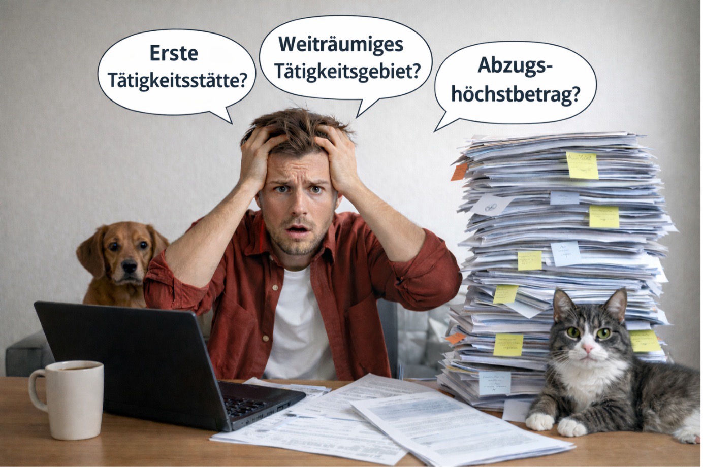 Realistisch wirkendes Bild eines verzweifelten Mannes, der gerade seine Steuererklärung erstellt und sich dabei die Haare rauft. Er sitzt am Schreibtisch mit Laptop, Kaffeetasse und einem hohen Stapel aus Unterlagen und Belegen; Hund und Katze flankieren die Szene. In Sprechblasen stehen die Fragen „Erste Tätigkeitsstätte?“, „Weiträumiges Tätigkeitsgebiet?“ und „Abzugshöchstbetrag?“.