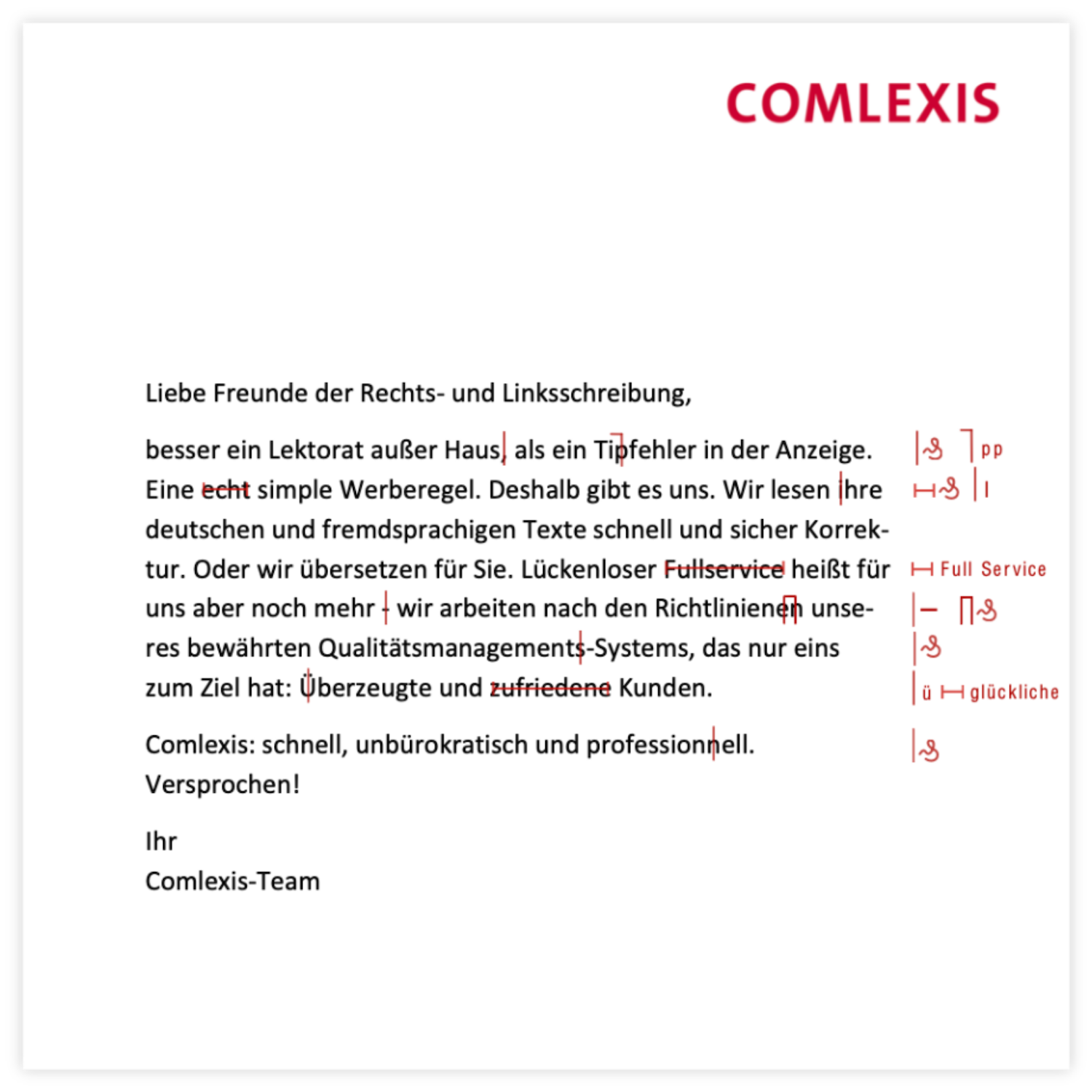 Ein Bild eines Korrekturbeispiels von Comlexis mit handschriftlicher Korrektur