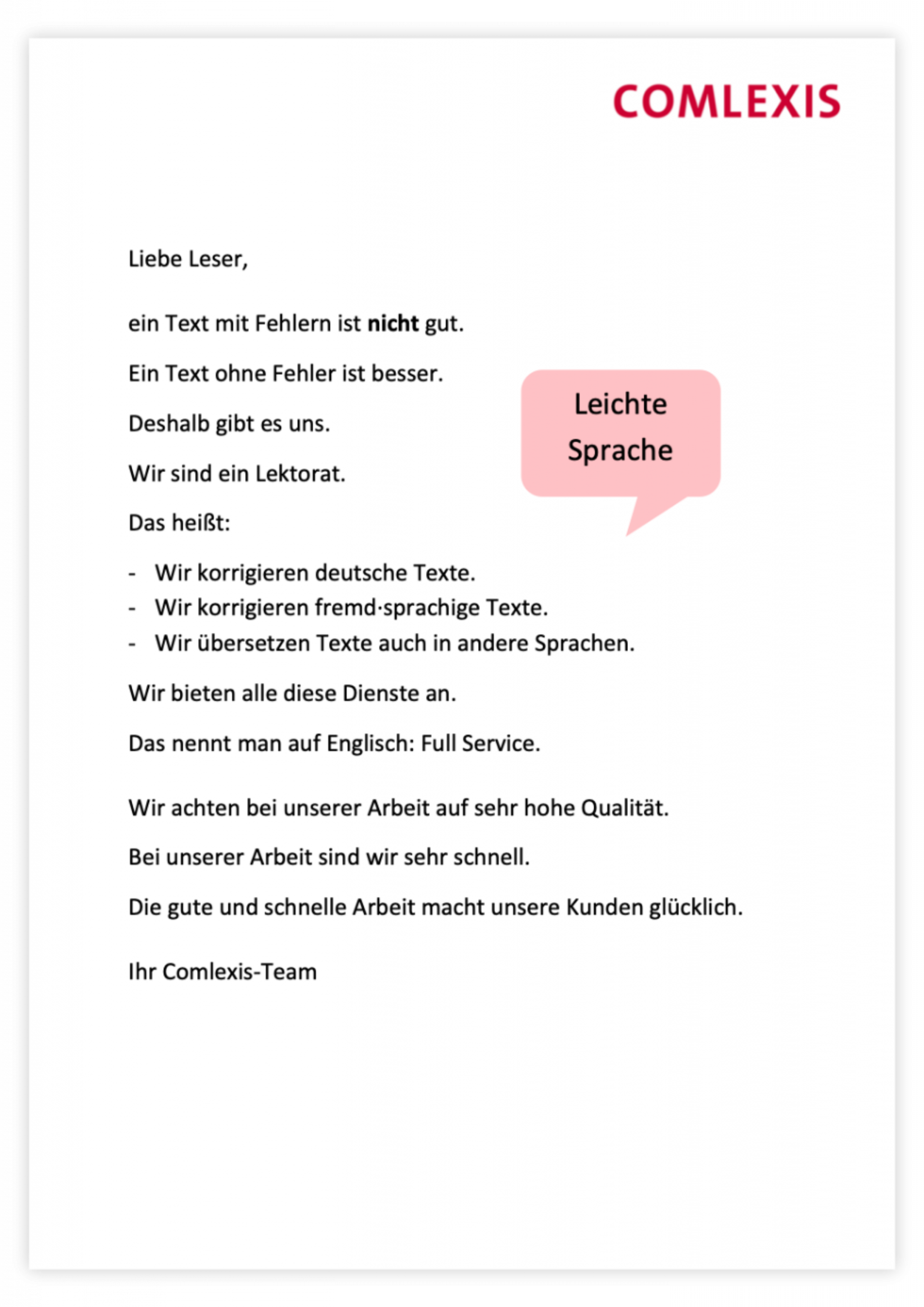 Ein Korrekturbeispiel von Comlexis mit leichter Sprache