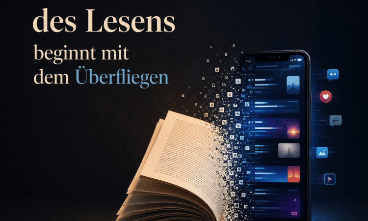 Auf dunklem Hintergrund geht ein warm beleuchtetes, aufgeschlagenes Buch in ein blau leuchtendes Smartphone über. Buchstaben und Textfragmente lösen sich zwischen beiden Medien auf. Links daneben steht in großer Serifenschrift: „Das Ende des Lesens beginnt mit dem Überfliegen“. Unten rechts steht der Hinweis „Illustration KI-generiert mit ChatGPT (OpenAI)“.