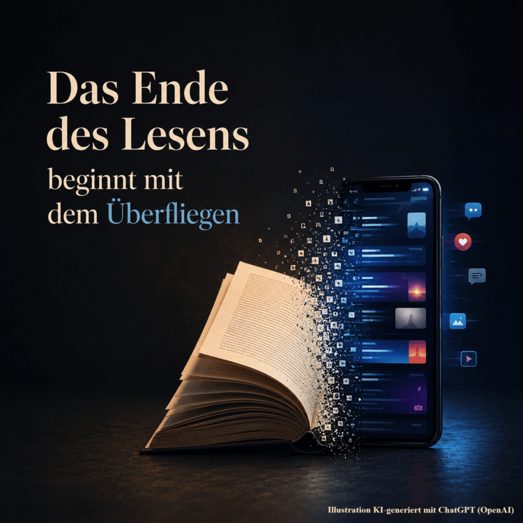 Auf dunklem Hintergrund geht ein warm beleuchtetes, aufgeschlagenes Buch in ein blau leuchtendes Smartphone über. Buchstaben und Textfragmente lösen sich zwischen beiden Medien auf. Links daneben steht in großer Serifenschrift: „Das Ende des Lesens beginnt mit dem Überfliegen“. Unten rechts steht der Hinweis „Illustration KI-generiert mit ChatGPT (OpenAI)“.