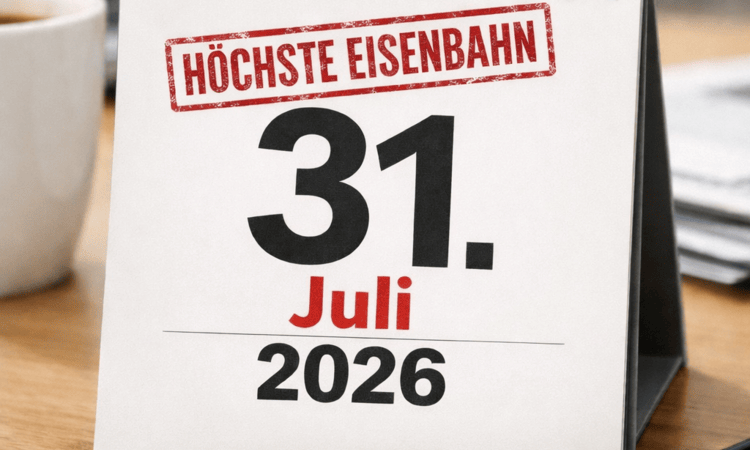 Tischkalender auf einem Schreibtisch mit dem Datum 31. Juli 2026; darüber ein roter Stempel mit der Aufschrift „HÖCHSTE EISENBAHN“. Links steht eine Kaffeetasse, rechts liegen Stift und Unterlagen. Unten links steht der Hinweis „Bild KI-generiert mit ChatGPT (OpenAI)“.