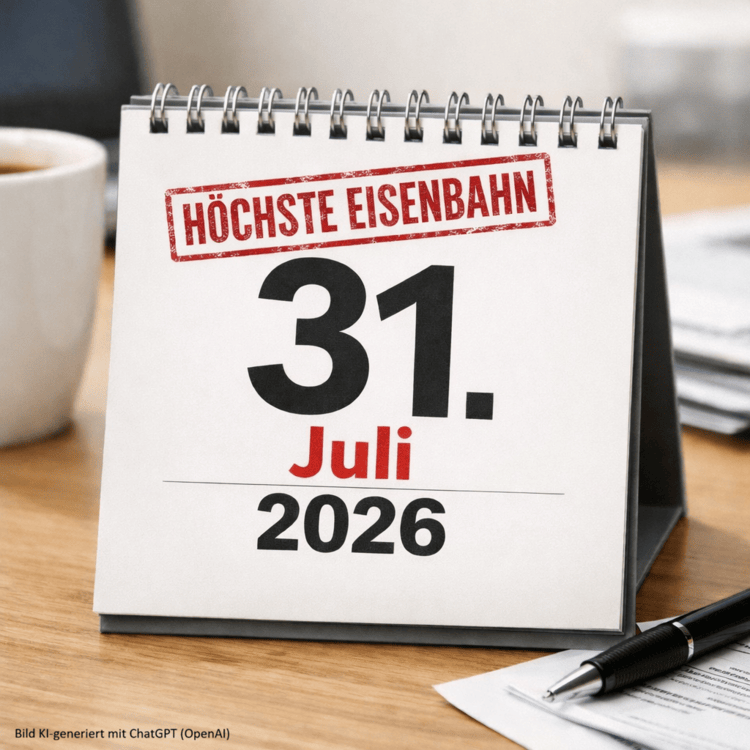Tischkalender auf einem Schreibtisch mit dem Datum 31. Juli 2026; darüber ein roter Stempel mit der Aufschrift „HÖCHSTE EISENBAHN“. Links steht eine Kaffeetasse, rechts liegen Stift und Unterlagen. Unten links steht der Hinweis „Bild KI-generiert mit ChatGPT (OpenAI)“.