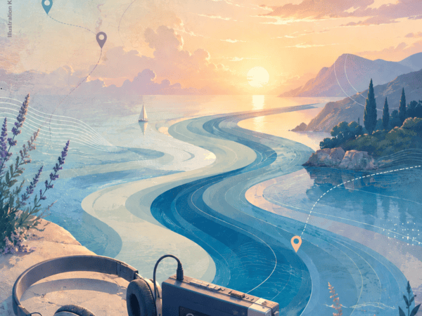 Sommerliche Illustration mit Küste, Sonnenuntergang und geschwungenem Wasserweg. Im Vordergrund liegen Walkman, Kassette und Kopfhörer; Kartenlinien und Flugroute deuten Reise, Musik und Erinnerung an. Oben links steht vertikal der Hinweis „Illustration KI-generiert mit ChatGPT (OpenAI)“.