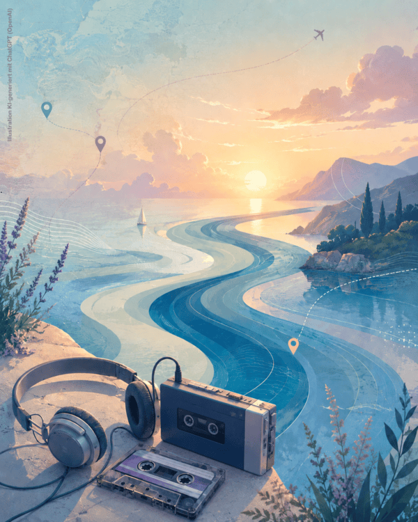 Sommerliche Illustration mit Küste, Sonnenuntergang und geschwungenem Wasserweg. Im Vordergrund liegen Walkman, Kassette und Kopfhörer; Kartenlinien und Flugroute deuten Reise, Musik und Erinnerung an. Oben links steht vertikal der Hinweis „Illustration KI-generiert mit ChatGPT (OpenAI)“.