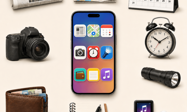 Farbiges Flatlay mit einem Smartphone im Zentrum. Auf dem Display sind Apps für Nachrichten, Karten, Kalender, Kamera, Wecker, Taschenlampe, Wallet, Notizen und Musik zu sehen. Rundherum liegen die entsprechenden analogen bzw. eigenständigen Gegenstände wie Zeitung, Straßenkarte, Kalender, Kamera, Wecker, Taschenlampe, Geldbörse, Notizbuch und MP3-Player. Unten links steht der Hinweis „Illustration KI-generiert mit ChatGPT (OpenAI)“.