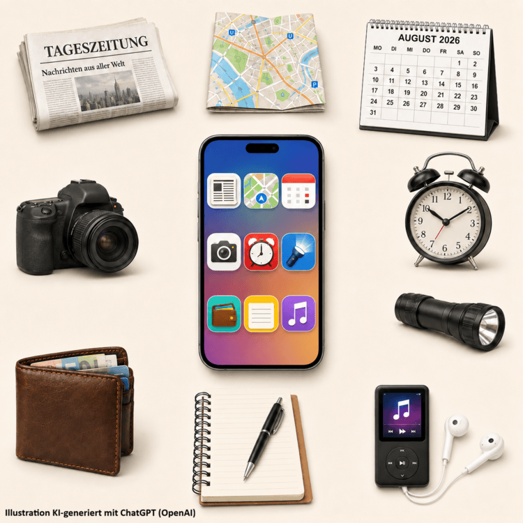 Farbiges Flatlay mit einem Smartphone im Zentrum. Auf dem Display sind Apps für Nachrichten, Karten, Kalender, Kamera, Wecker, Taschenlampe, Wallet, Notizen und Musik zu sehen. Rundherum liegen die entsprechenden analogen bzw. eigenständigen Gegenstände wie Zeitung, Straßenkarte, Kalender, Kamera, Wecker, Taschenlampe, Geldbörse, Notizbuch und MP3-Player. Unten links steht der Hinweis „Illustration KI-generiert mit ChatGPT (OpenAI)“.
