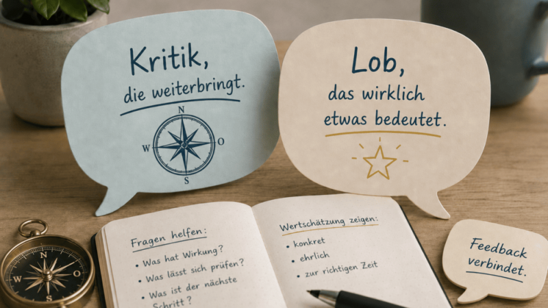 Illustration eines Schreibtischs mit zwei großen Sprechblasen: links „Kritik, die weiterbringt“ mit Kompasssymbol, rechts „Lob, das wirklich etwas bedeutet“ mit Sternsymbol. Davor liegt ein geöffnetes Notizbuch mit Stichpunkten zu hilfreichen Fragen und Wertschätzung. In einer weiteren kleinen Sprechblase steht „Feedback verbindet“. Links neben dem Notizbuch liegt ein Kompass. Unten links steht der Hinweis „Illustration KI-generiert mit ChatGPT (OpenAI)“.