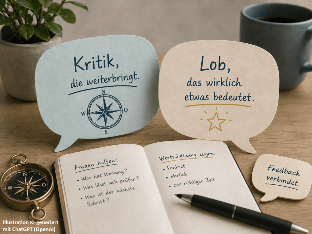 Illustration eines Schreibtischs mit zwei großen Sprechblasen: links „Kritik, die weiterbringt“ mit Kompasssymbol, rechts „Lob, das wirklich etwas bedeutet“ mit Sternsymbol. Davor liegt ein geöffnetes Notizbuch mit Stichpunkten zu hilfreichen Fragen und Wertschätzung. In einer weiteren kleinen Sprechblase steht „Feedback verbindet“. Links neben dem Notizbuch liegt ein Kompass. Unten links steht der Hinweis „Illustration KI-generiert mit ChatGPT (OpenAI)“.