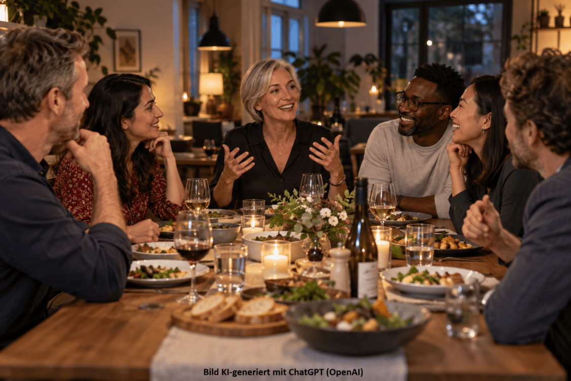 Eine kulturell gemischte Gruppe Erwachsener sitzt bei einem gemeinsamen Abendessen an einem langen Tisch und unterhält sich angeregt. Die Stimmung ist warm, lebendig und vertraut.